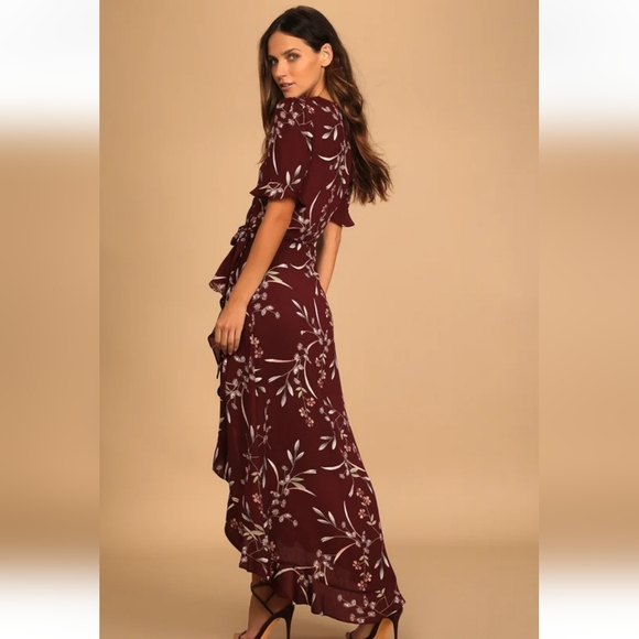 Lulus Wild Winds Burgundy Floral Print High-Low Wrap Dress small - Picture 3 of 7